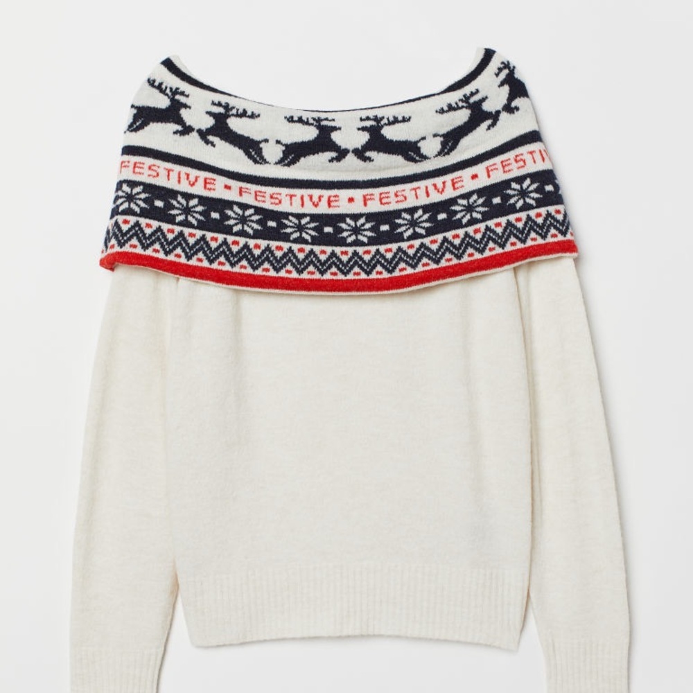 Super soft H&M Cream and Red Off-the-Shoulder Sweater with Cozy Knit Design